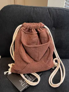 Women's Solid Color Knitted Backpack, with Rope Strap, Drawstring Backpack, Fashionable Large Capacity Backpack for Daily Used, Casual Trendy Versatile High-quality Daily Commuting Bag