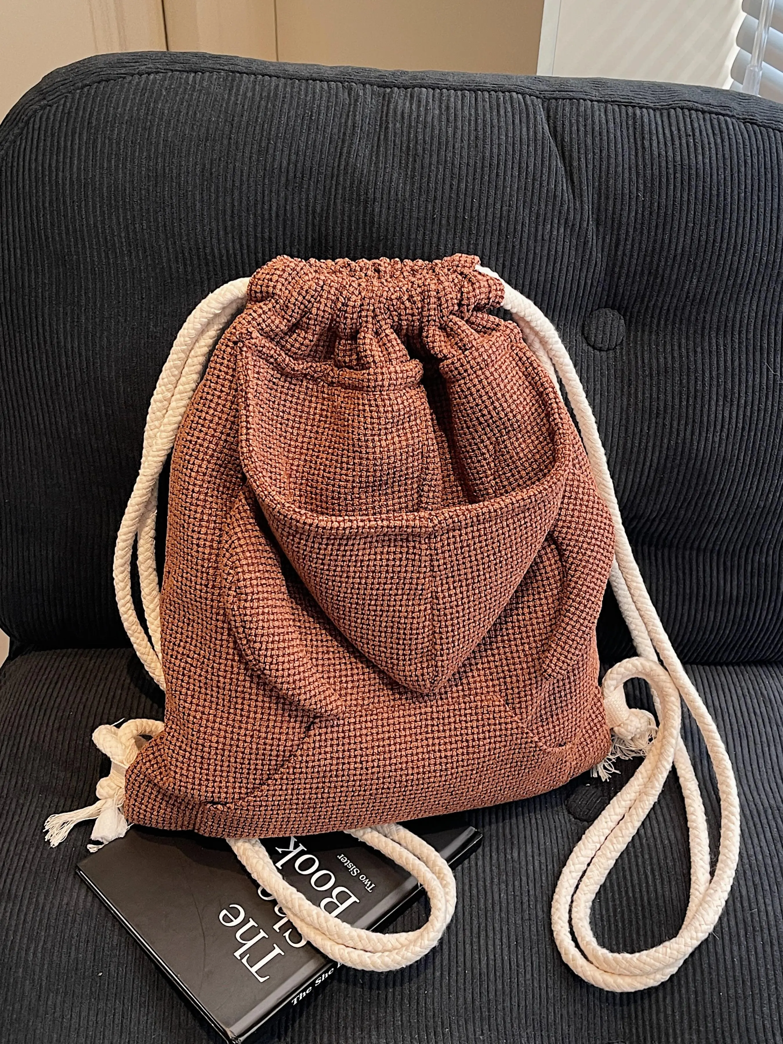 Women's Solid Color Knitted Backpack, with Rope Strap, Drawstring Backpack, Daypack, Fashionable Large Capacity Backpack for Daily Used, Casual Trendy Versatile High-quality Daily Commuting Bag