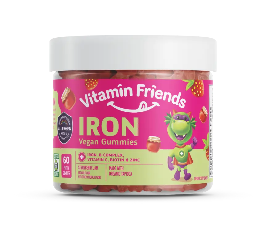 Vitamin Friends - Vegan Multivitamin & Iron for Kids - Daily Nutritional Support Gummies  - Body Function & Anemia - Strawberry Jam.  Kosher.