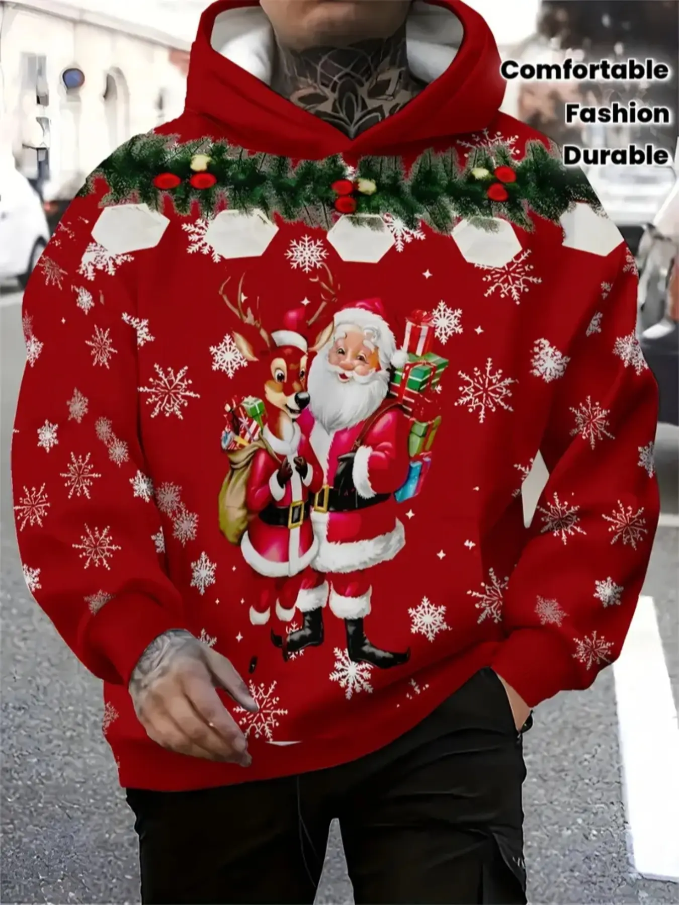 Men's Christmas Hoodie, Snowflake and Santa Graphic Pullover, Holiday Sweater, Winter Casual Party Wear, Comfortable Fitted Design