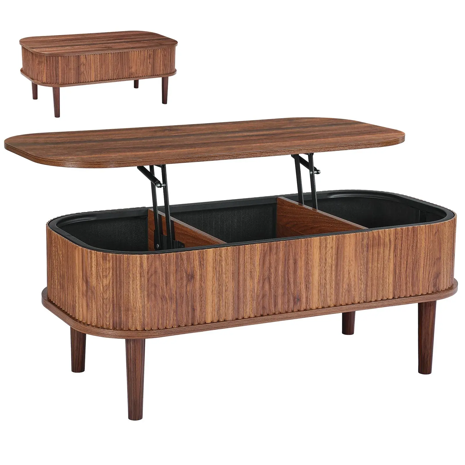 【SummerFinds】VEVOR 39.4 in Lift Top Coffee Table, Fluted Oval Coffee Table with 3 Hidden Compartment, Mid Century Wooden Oval Center Desk with Storage, Lift Up Tabletop for Home & Office, Easy Assembly, Walnut