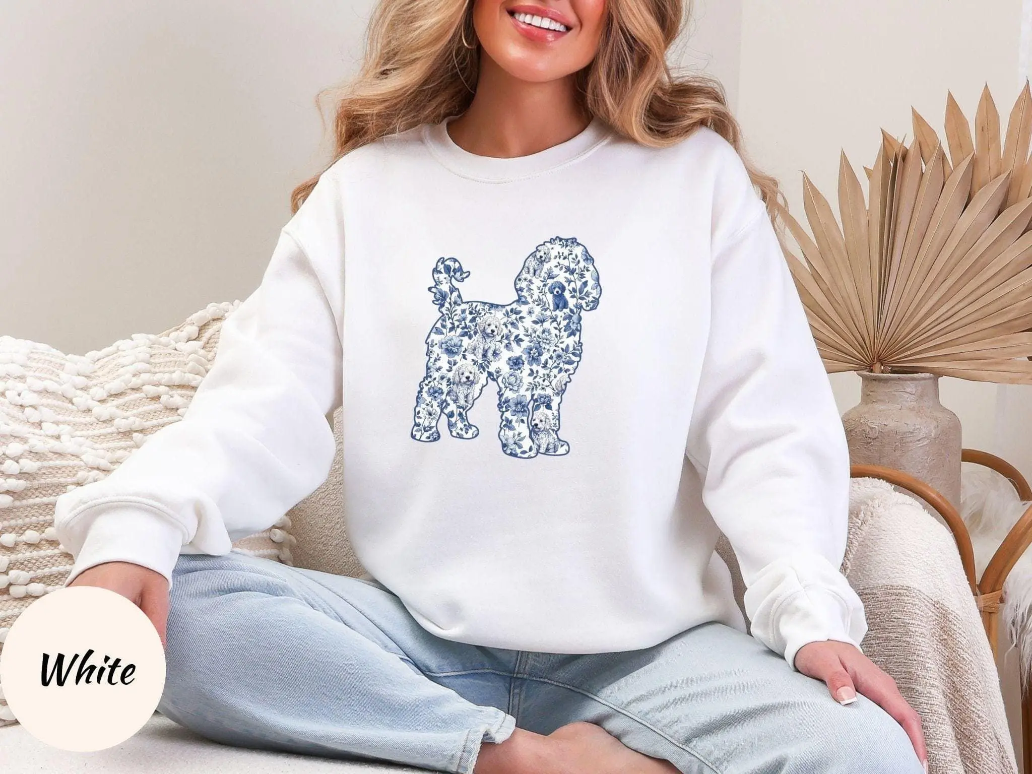 Blue Toile Doodle Mom Sweatshirt – Chinoiserie Goldendoodle Gift, Floral Dog Mama Crew, Unique Botanical Birthday Top
