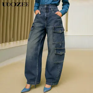 UOOZEE Women's High-Waist Non-Stretchy Smooth Cotton Fabric Cargo Jeans - Trendy Chic Loose Curved-Seam Bag Pockets Bottoms - Spring Autumn Lady Wear (Pair with Sweater, Jacket) - Note: Smaller Hip Fit, Check Size Guide or Order 1 Size Larger
