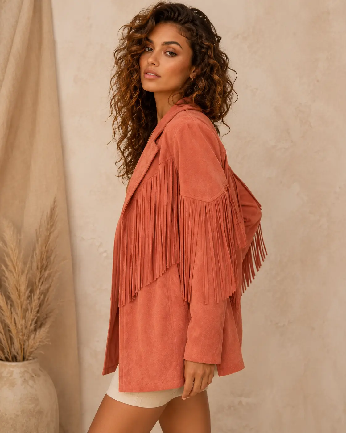 Women's Coral Faux Suede Western Duster Jacket - Wild West, Western Vibes, Open Front, Relaxed Fit, Fringe Detail, Polyester Fabric, Buttonless Outerwear (L-34.5" Length)