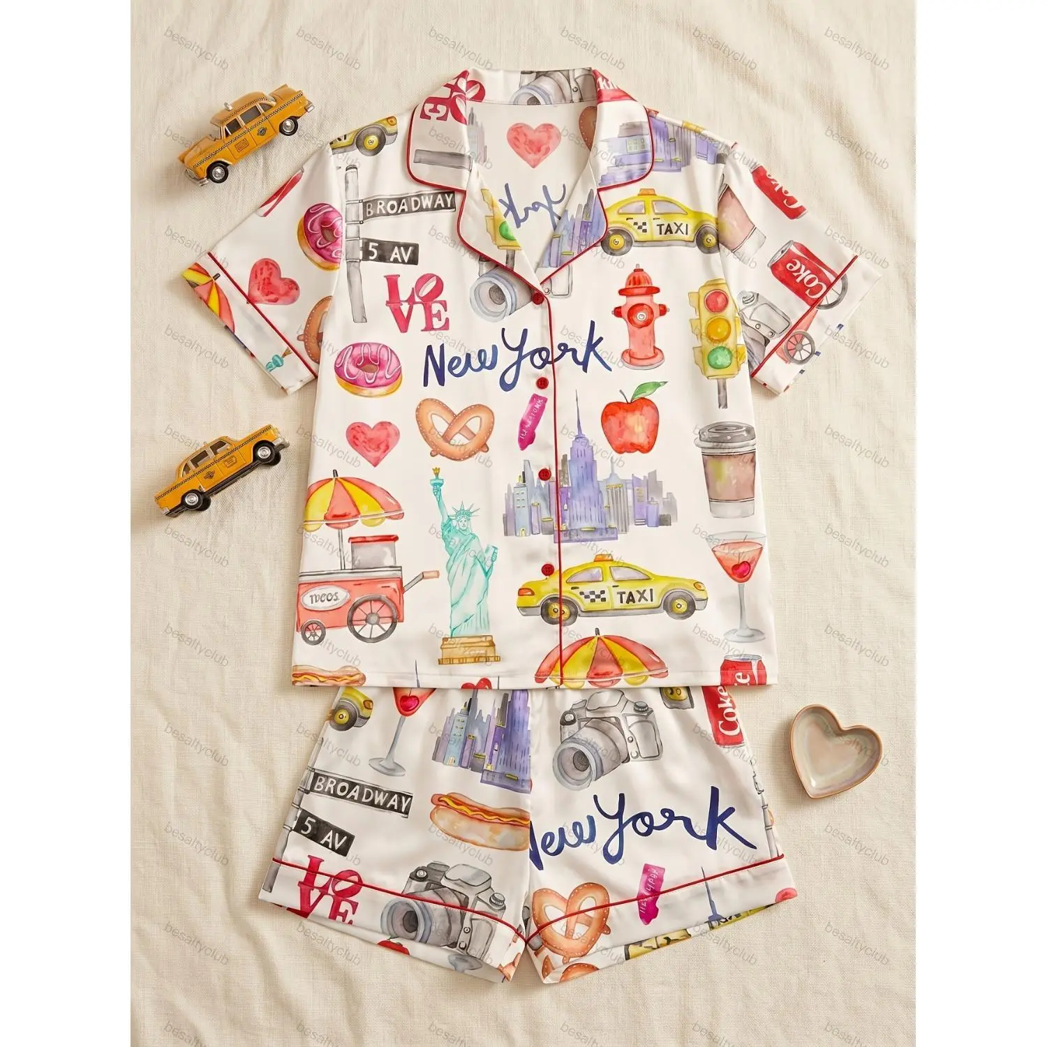 Premium Satin Loungewear Set for Women, NYC Watercolor Skyline Print, Cozy Short Sleeve Button-Up Lapel Top & Shorts, Vibrant Design, Comfortable Tailored Sleepwear, Perfect for Party or Vacation, Year-Round Gift, Urban Travel Chic