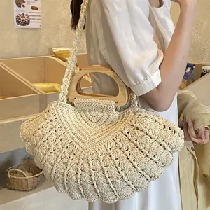 Summer hand-woven wooden handle portable shell bag women's casual shoulder bag cotton thread bag beach bag