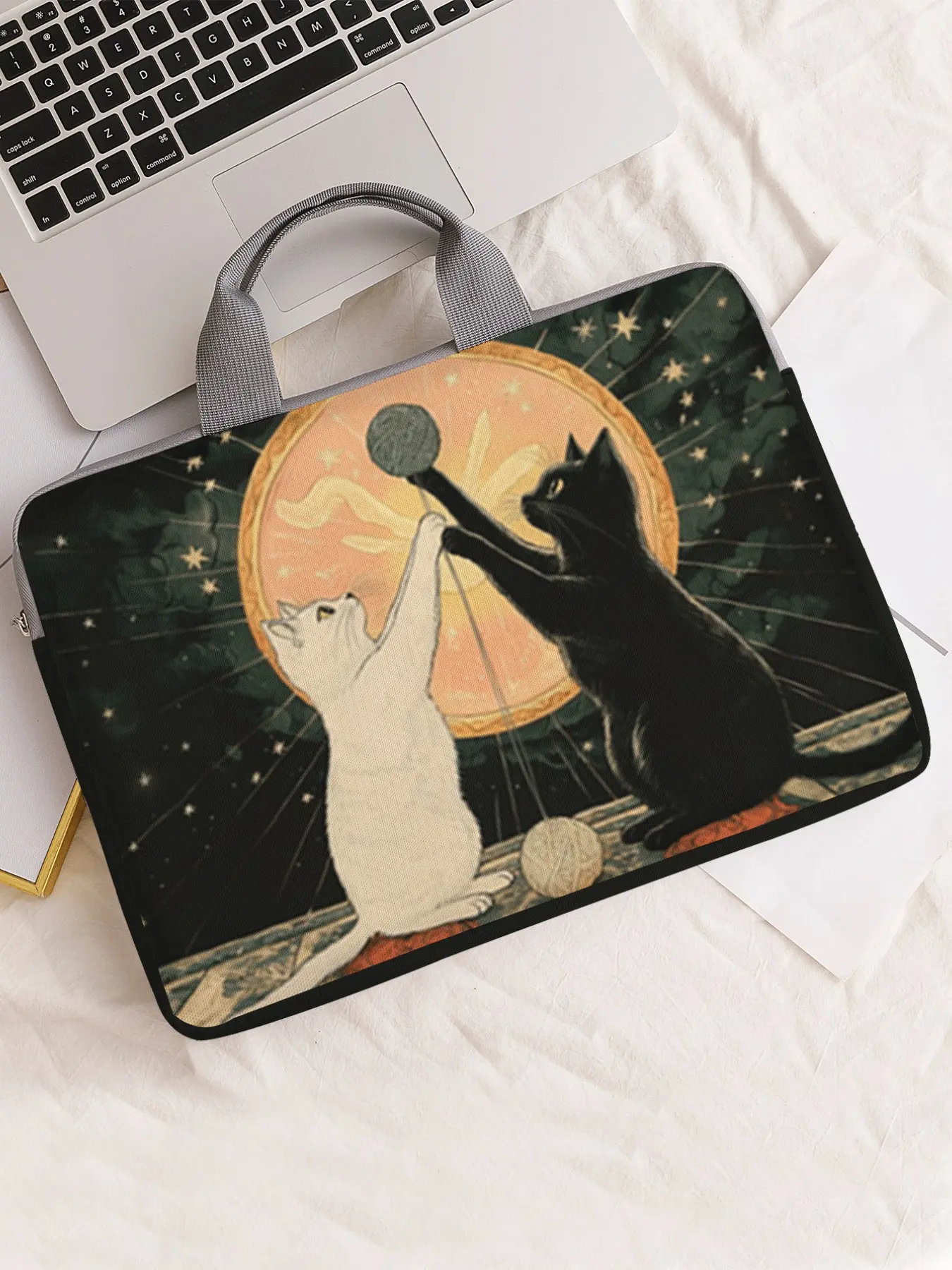 Cat Pattern Printed Notebook Bag, Soft Laptop Sleeve, Tablet Case, Zipper Storage Pouch, Casual Style, All Seasons Use
