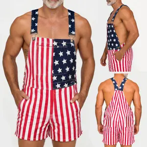 Classic USA Flag Short Bib Pants for Adults, Vintage Wash with Functional Side Pocket, Durable Patriotic Overalls for Summer Road Trips, Music Festivals and Carnival Rides
