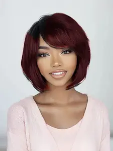 10 inch short straight human hair wig for women burgundy red full machine made Bob cut wig side part natural breathable lightweight glueless real human hair easy to wear and style perfect for daily use work date party or casual look