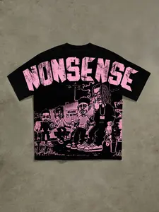 American Street Style Colorblock T-Shirt, Gothic Font 'nonsense' Back Print, Vintage Distressed Look, Trendy and Eye-Catching, Streetwear