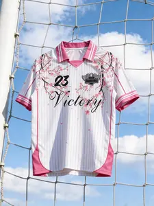 Men's Retro Sakura Print Soccer Jersey, Pink White Striped V-Neck Short Sleeve Football Shirt, Streetwear Victory #23 Loose Sports Top For Casual & Athletic Wear
