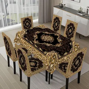 5/7-piece 2D Flat Printing Black and Gold Classic Pattern Carpet Printing Pattern Tablecloth and Chair Cover Set, for dining table and chair decoration, perfect for home, holiday gatherings, restaurants, and parties, Chair Covers Set