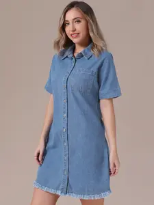 INSPIRE CHIC Women's Denim Dress Button Front Frayed Hem Collared Short Sleeve Jean Shirt Dresses