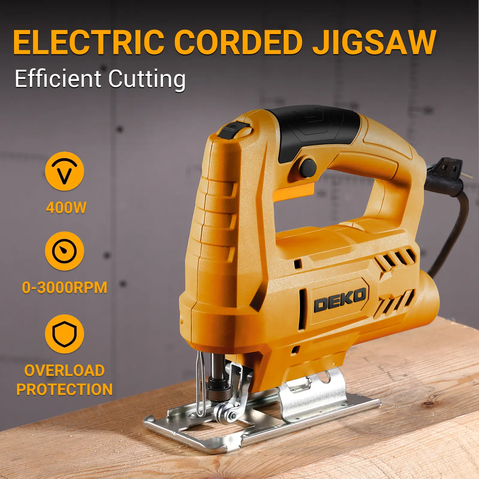 DEKO 400W Electric Jigsaw | 8 Blades Included | 0-3000RPM Variable Speed | 45° Bevel Cutting | Multi-Purpose Power Tool for Wood, Metal & DIY | Professional Cutting Saw Overload Protection