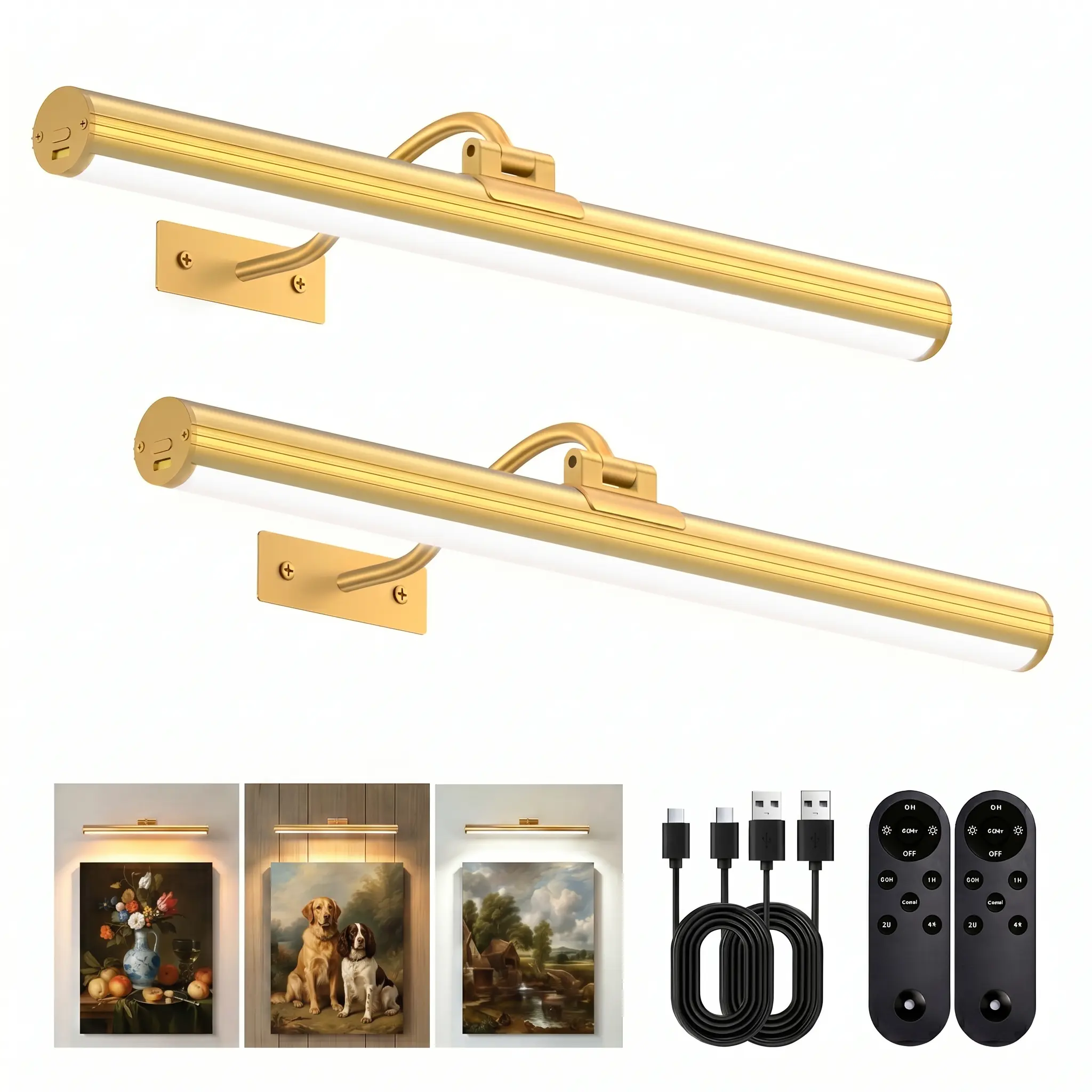 USB Rechargeable Wireless Wall Mounted Light 2-Pack, 16 Inch Gold Picture Light, 6000mAh Dimmable Rotatable LED Gallery Lamp with Remote, Modern Mood Lighting for Gallery Art, Paintings, Portraits, Vanity Mirrors & Dartboards