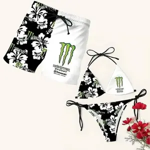 Matching Monster Floral Couple Swimwear Set - Women's Swim Bra & Tie-Side Thong Bikini, Men's Beach Shorts, Summer Vacation Hawaiian Swimwear