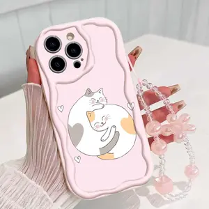 Cute Cat Design Tpu Phone Case with Lanyard, Shockproof Wave Edge, Compatible with Apple Models 11-17 Pro Max, Perfect Gift for Girls