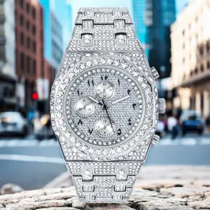 MaxBling81 Men's Luxury 43mm Waterproof Round Dial Analog Quartz Watch - Iced Out Octagon Bezel, Arabic Numerals, Fully Iced Band, Diamond-Encrusted Timepiece