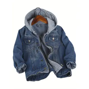 Kid boys jean jacket hooded denim casual zipper outerwear coat 100cm-150cm