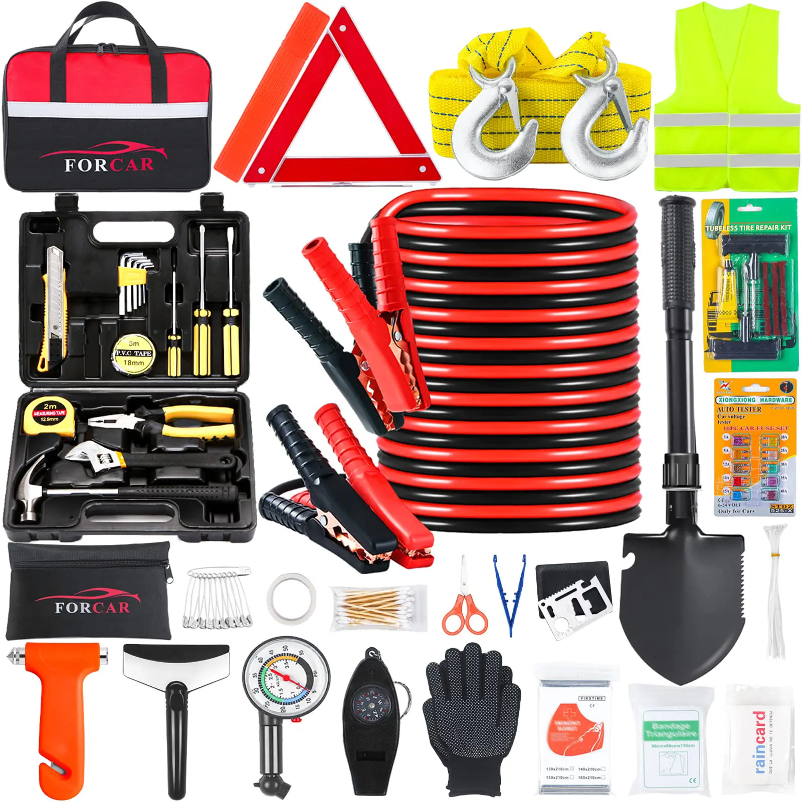 Car Roadside Emergency Rescue Kit for Car Accessories, Automotive Breakdown Assistance Tool Kit with Jumper Cables, Tow Rope, Portable Toolbox, Reflective Warning Triangle, Tire Pressure Gauge Car Essentials Aid Kit