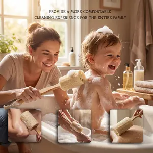 Natural Wooden Handle Loofah Back Scrubber, Gentle Exfoliating Body Brush, Rich Lathering & Easy to Clean Batheasy to clean loofah rich lathering loofah non irritating shower brush Brush, Non-Irritating Natural Plant Fiber Shower Tool