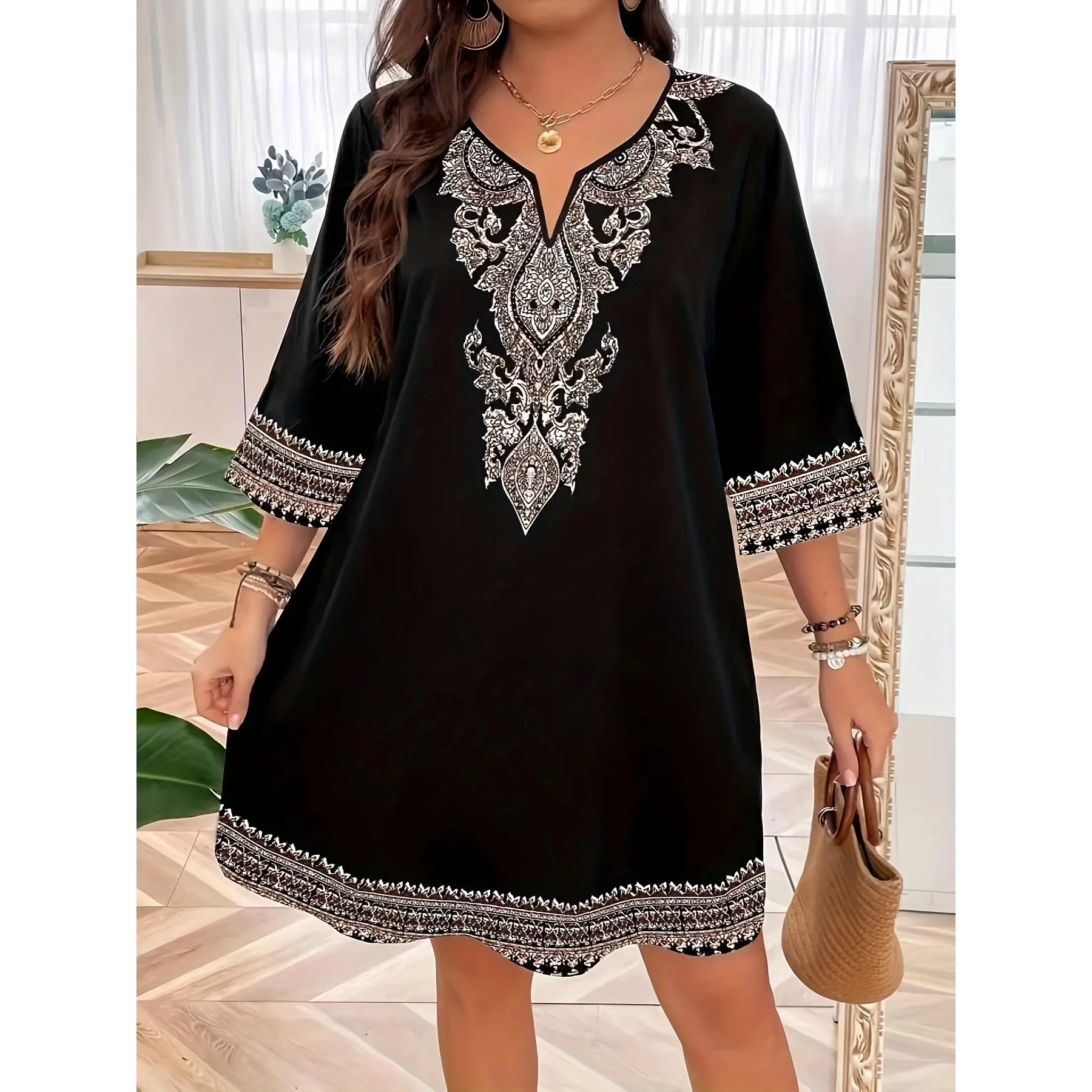 Women's Plus Size Floral Pullover Tunic Dress - Elegant V-Neck, 3/4 Sleeves, Casual Wear, Above-Knee Length, Woven Polyester Blend, Machine Washable, All-Season, 2XL/3XL/4XL [Sports & Outdoor Casual Clothing]
