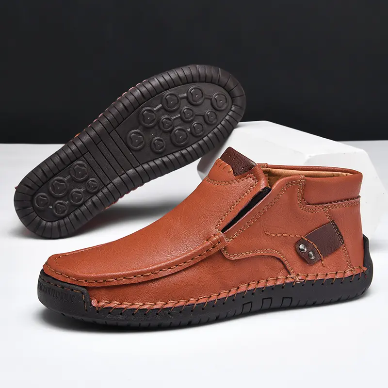 Men's Black Casual Leather Footwear - Slip-on Ankle Boots with Side Velcro Straps, Contrast Leather Trim, Non-slip Rubber Sole, Shock-absorbing Insole for Everyday & Office Use