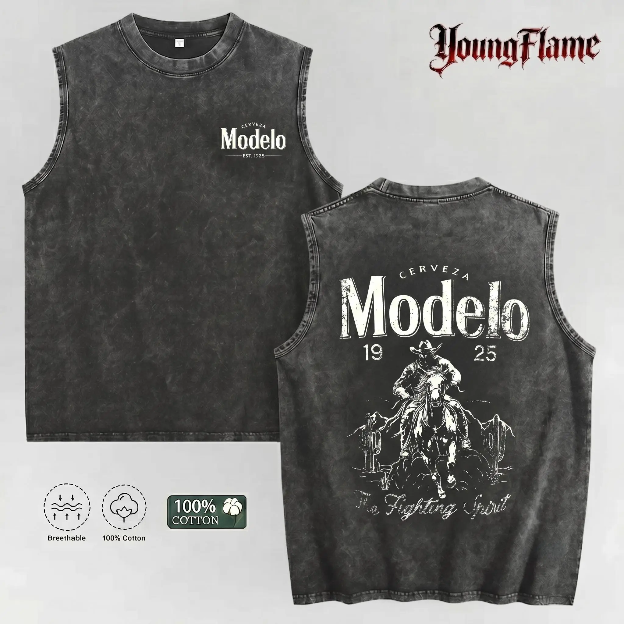 Vintage Acid Wash Desert Cowboy Graphic Muscle Tee | Dark Western Sleeveless Shirt | 100% Cotton Men's Streetwear