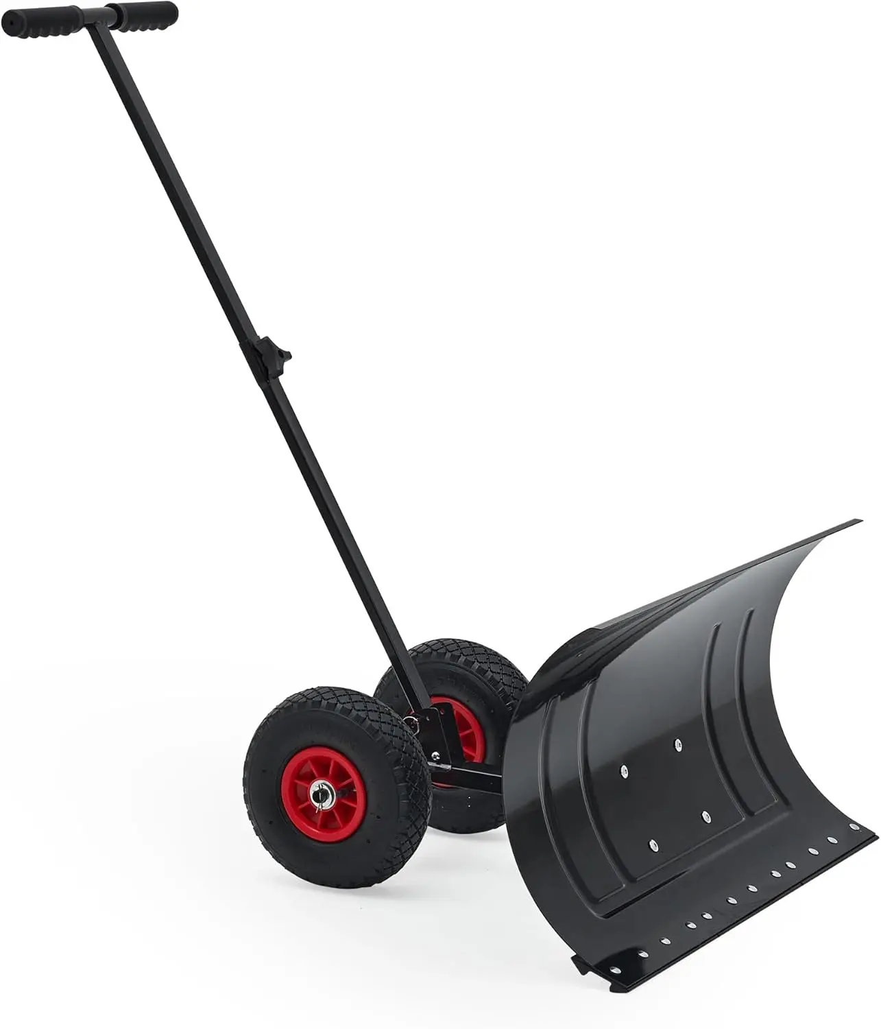 29-Inch Steel Blade Heavy Duty Push Snow Plow Shovel, Ergonomic Handle, 5-Hole Adjustable Design (42.12in,45.67in for Different Heights, 9.8in Spec), Adjustable Blade Angle, Wheels, Installation Tools, Easy Setup for Driveway, Parks Snow Removal