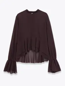 Women's Simple Round Neck Long Sleeve Shirt, Layered Decoration, Adjustable Bow Back, Asymmetric Hem, Wrinkled Pure Color Top, Blouse