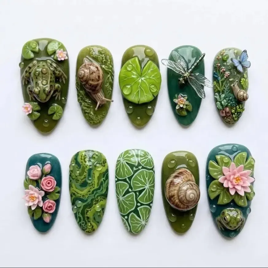 Green Fantasy Forest Press On Nails Set 3D Snail Dragonfly & Lotus Flowers Hand Painted Gif For Birthday Party, Wedding Nails