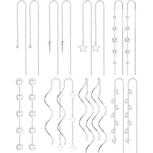 CASSIECA Women's 8-Pair 316L Stainless Steel Threader Stack, Female Versatile Statement Accessory with Chain Tassel, Double Twist Wave, Lightweight Dangle Drop for Daily Wear SummerVibes