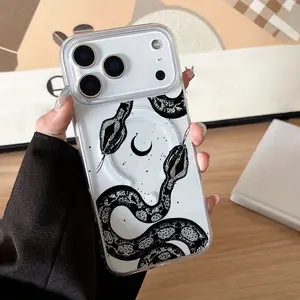 One Pack of a Stylish Black Snake Skin Design MagSafe Case Compatible with iPhone 17 Pro Max Air 16 16e 15 14 Plus 13 12 11 X XS Magnetic Clear Acrylic Back Drop Protection Pocket-Friendly Cellphone Cover Valentine's Day Gift 2D printing