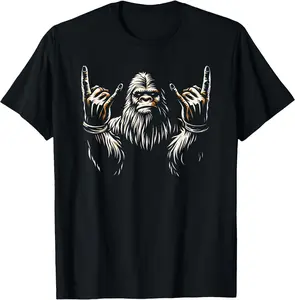 100% Cotton Funny Rocker Graphic T-Shirt - Bigfoot Rock On Sasquatch Rock and Roll - 100% Cotton Men & Women Loose sports T-shirt
