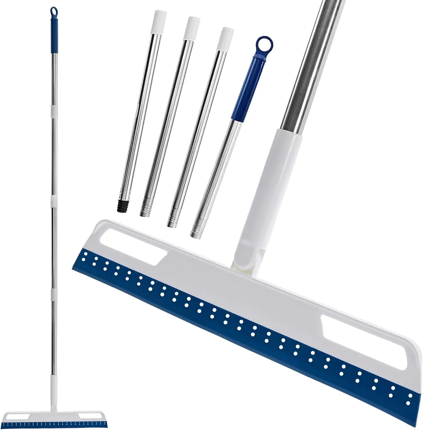 56-in Long-Handled Adjustable Rubber Broom - 4-in-1 Labor-Saving Cleaning Wand Broom with Silicone Squeegee, Fur & Dust Removal Tool for Floor, Bathroom Cleaning (Blue), Fur Removal Tool, Dust Removal Brooms