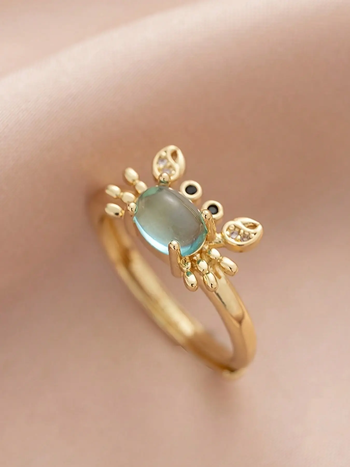 Fancy Adjustable Mini Crab Ring for Women, Cute Vintage Summer Beach Style, Copper Silver Color 18k Gold Plated, Moonstone Light Blue Unique Beautiful Rings, Jewelry Rings, Fashion Rings, Cool Rings