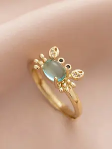 Fancy Adjustable Mini Crab Ring for Women, Cute Vintage Summer Beach Style, Copper Silver Color 18k Gold Plated, Moonstone Light Blue Unique Rings
