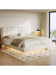 Bellemave White Boucle Floating Bed with Light Queen/King Size Wood Fabric Frame Anti-Collision Easy Clean Adjustable Atmosphere Light Strip N769P304635W