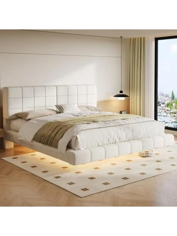 Bellemave White Boucle Floating Bed with Light Queen/King Size Wood Fabric Frame Anti-Collision Easy Clean Adjustable Atmosphere Light Strip N769P304635W