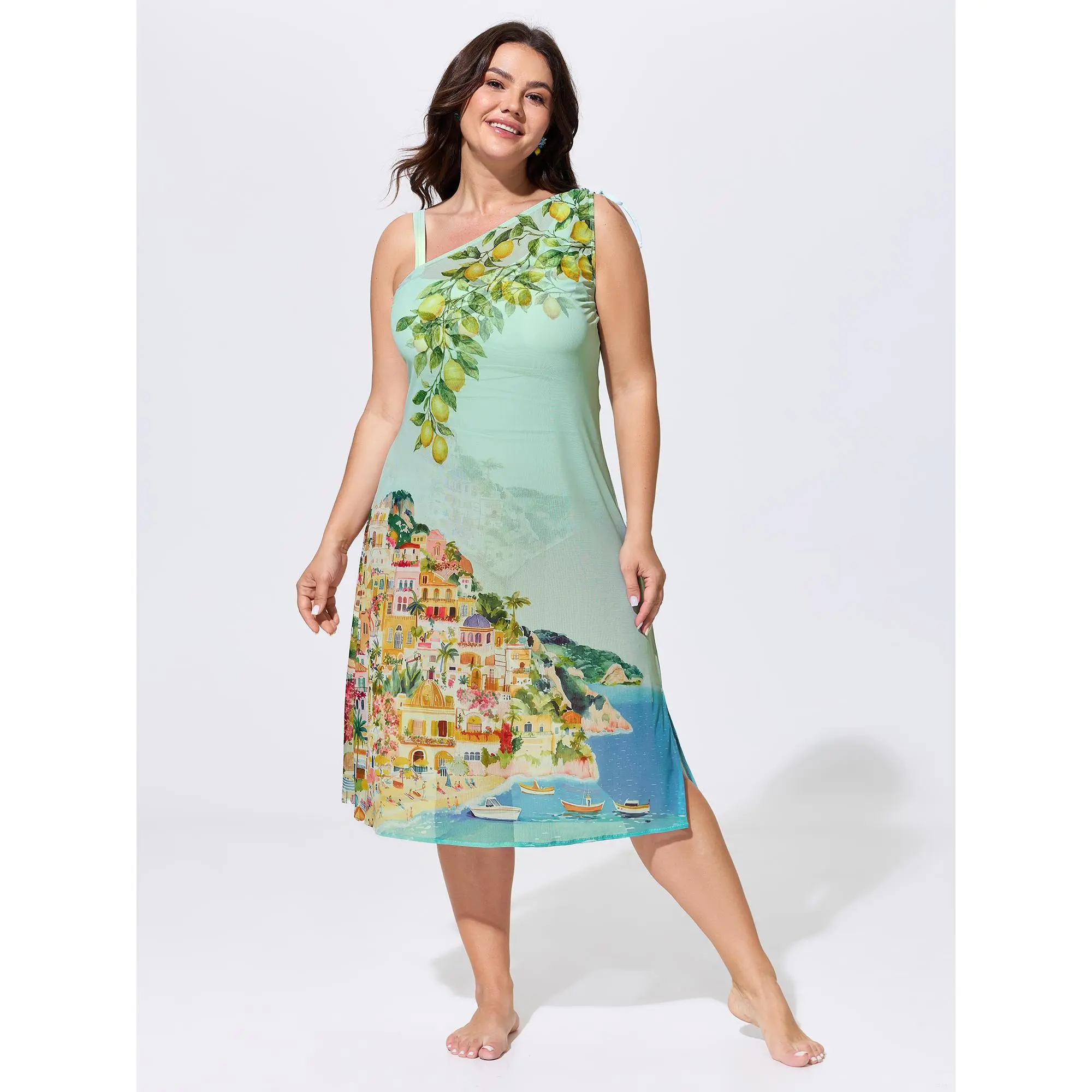 BLOOMCHIC Plus Size Cover-Up Set Sole Positano Print One-Piece Swim[M-6X] ,Summerfinds