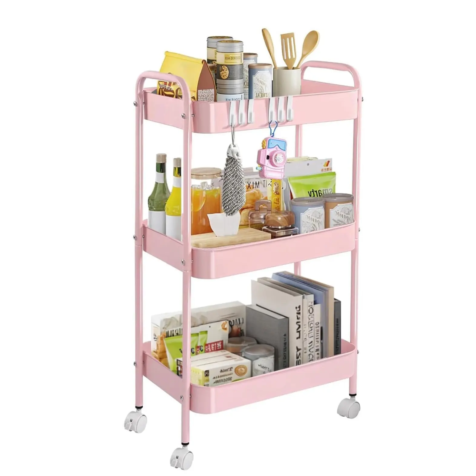 3 Tier Rolling Cart, Metal Utility Cart with 4 Hooks Storage Cart on Wheels Craft Cart with Handle for Organizer Storage for Classroom Office Dorm Home Pink and white-Great Gift for Mom.
