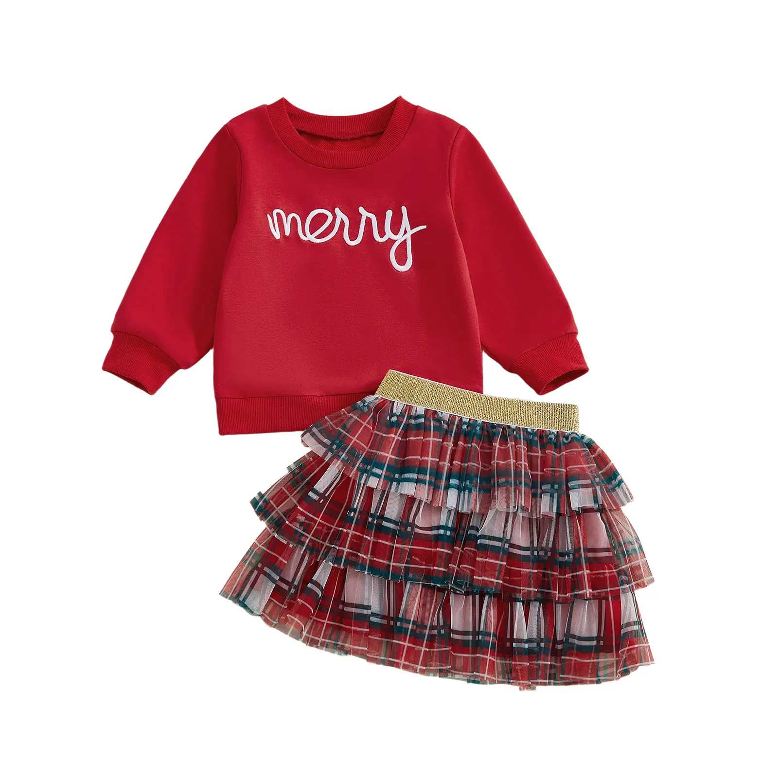 Kids Toddler Baby Girl Christmas Outfit Merry Letter Long Sleeve Sweatshirt Tops Plaid Tutu Skirt Set Xmas Clothes 1-6T