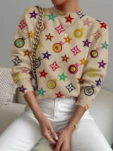 Women's Geometric Pattern Stand Collar Fitted Sweater, Fall Winter Casual Long Sleeve Knitwear, Comfortable Warm Daily Wear Womenswear