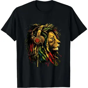 Pure Cotton Reggae Music Headphones Embrace Jamaican Pride Lion of Judah T Shirt