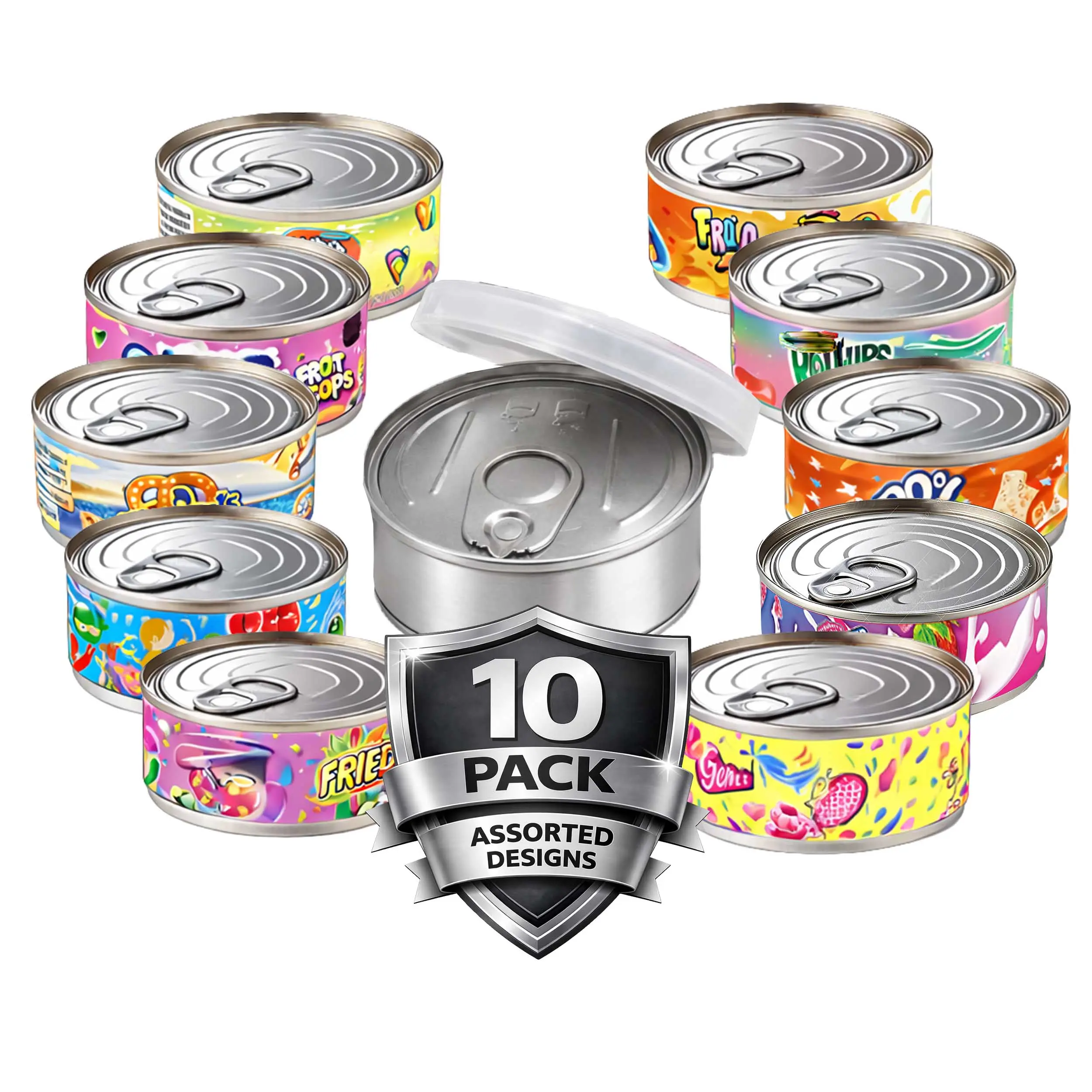 10 Pack Tin Can Style Metal Storage Pull Top Containers with Lids and Decorative Wrap Labels