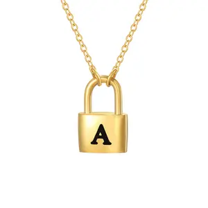 Stainless Steel 14K Gold PVD Plated 26 Letter Oil Drop Initial Lock Pendant Necklace For Couple