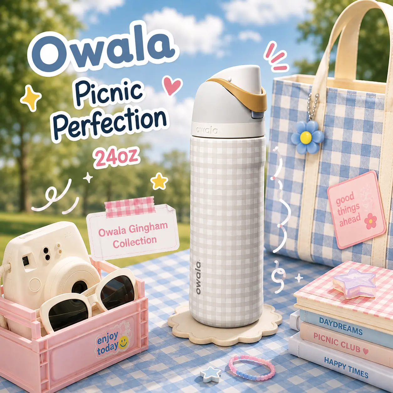 Owala Gingham Bottle, Picnic Gingham Hydration | Owala Picnic Perfection 24oz FreeSip Bottle from the Gingham Collection for School, Travel, Outdoor Lunches & Daily Use