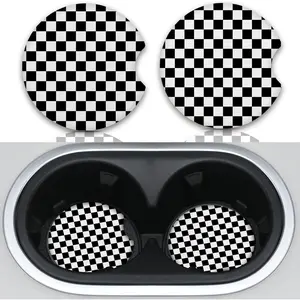 Cute Car Coasters for Cup Holders, 2 Pack Absorbent Universal Neoprene Car Coasters with Finger Slot, Auto Accessories for Women & Men,2.56"(Black/White)