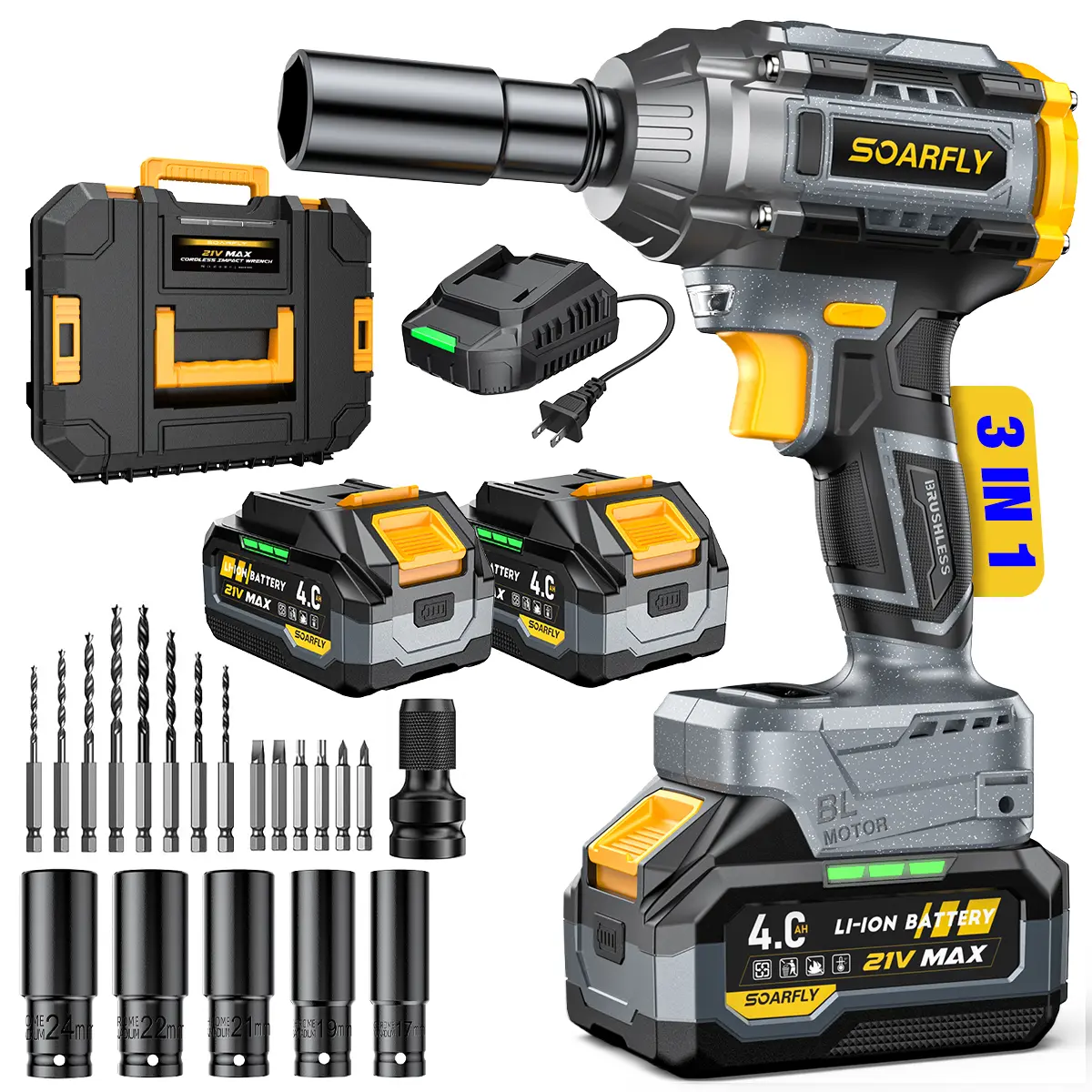 SOARFLY 680NM Impact Wrench, 2x 4.0Ah Batteries, Fast Charger, 6 Screwdriver Bit, 8 Drill Bit, 6 Sockets, For Car, Trucks Power Tool Rechargeable High Torque