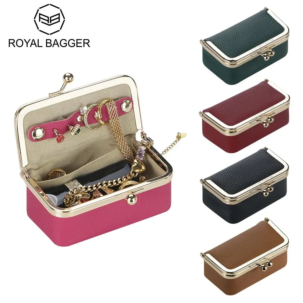 Royal Bagger Women's Genuine Leather Jewelry Organizer Box - 10x5.5cm Portable Metal Pouch with Kiss Lock, Compact Storage, Classic Elegant Design, Lightweight Travel Accessory, Ideal Gift for Women (Rings Stay Put)